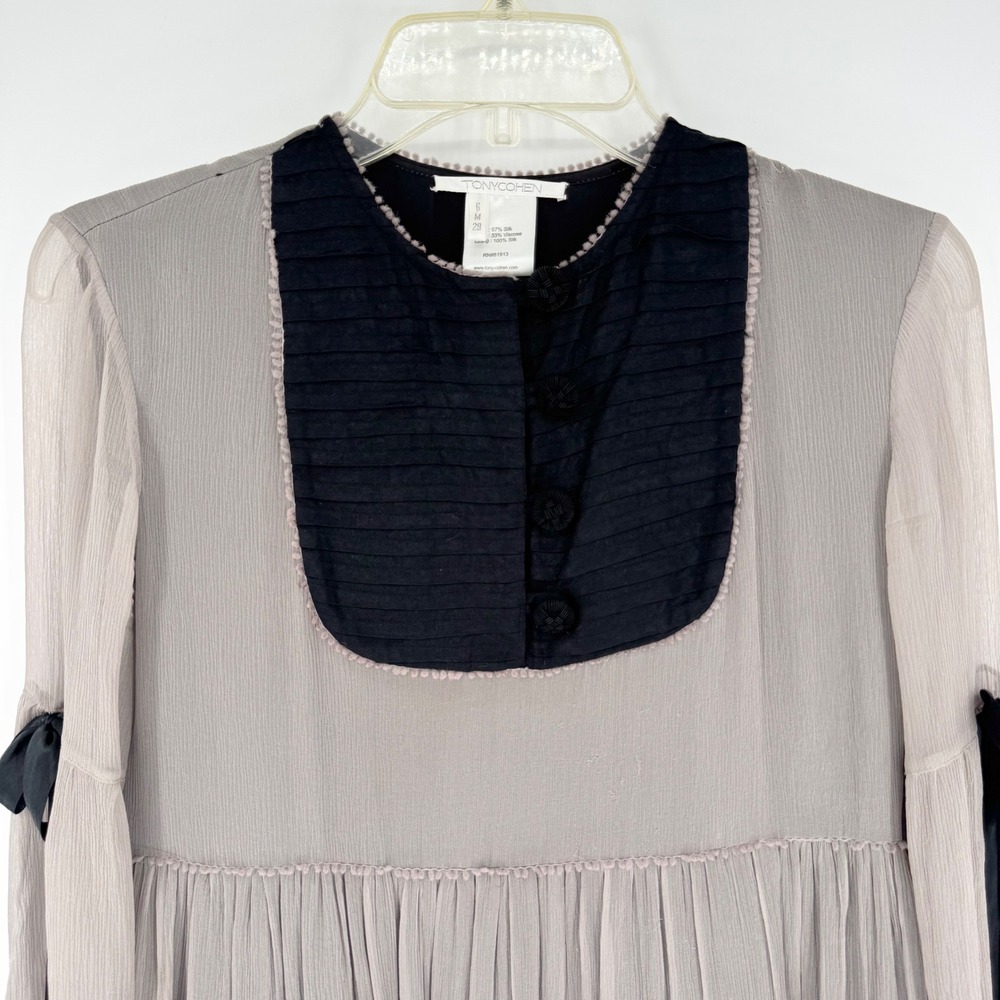 Tony Cohen Moody Whimsigoth 100% Silk Bell Sleeve Babydoll Dress Grey/Black Sz 6 - Picture 3 of 15